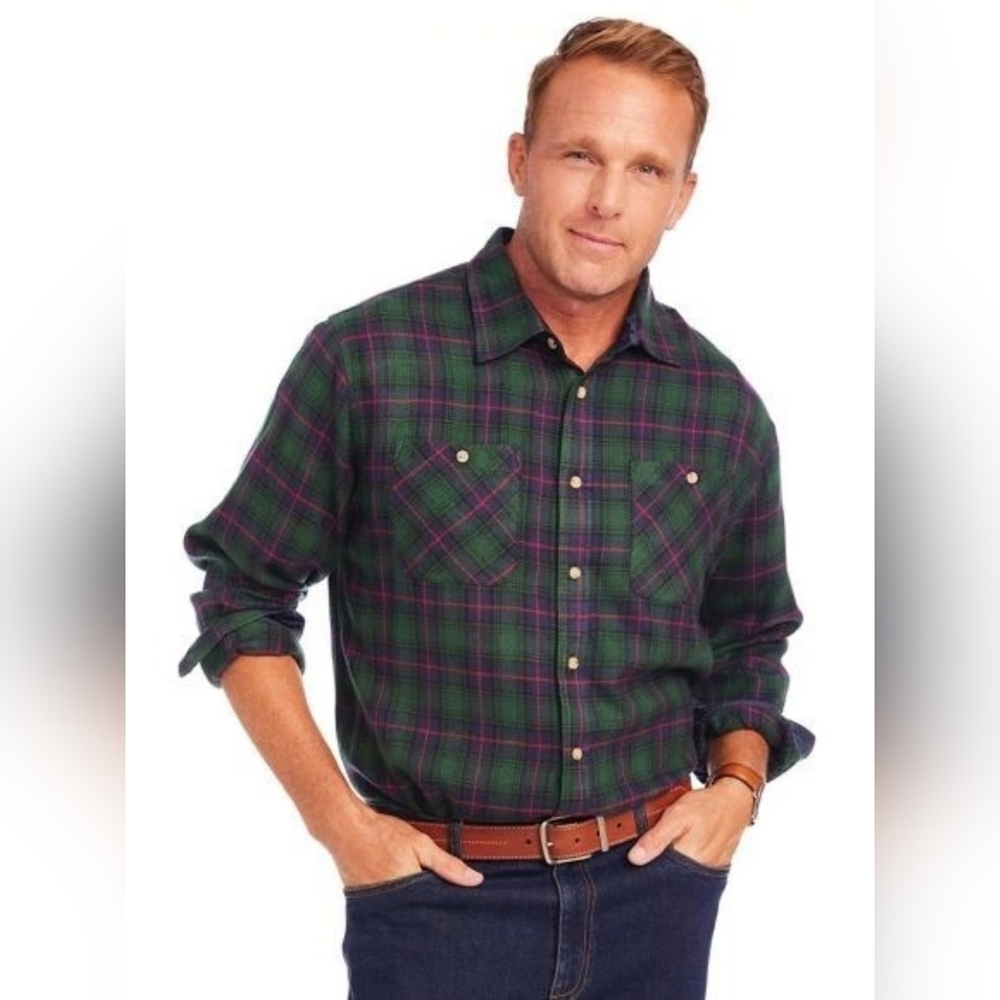 John Blair Men's Large Tall Blackwatch Plaid Acrylic Flannel Button Shirt